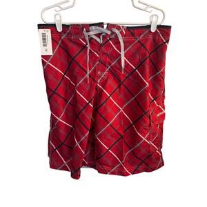 Speedo Swim Trunks Mens L Red Black Pattern Cargo Shorts Drawstring